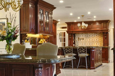 Large elegant u-shaped porcelain tile and white floor eat-in kitchen photo in Bridgeport with a single-bowl sink, beaded inset cabinets, dark wood cabinets, granite countertops, stainless steel appliances and two islands