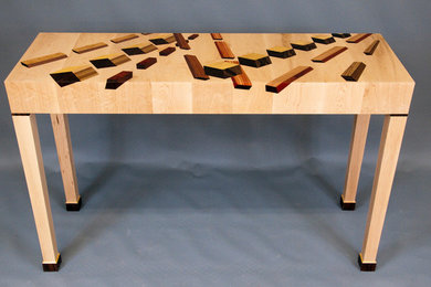 Abstract Illusionism in Furniture™ Console Table Using Exotic Woods and Lead Des