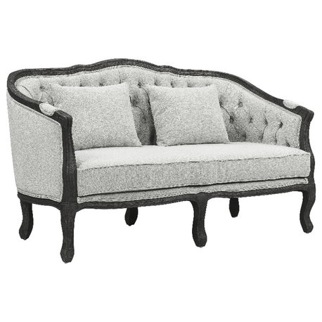 ACME Samael Linen Loveseat with Wooden Leg and 2 Pillows in Gray and Dark Brown