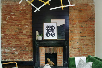 Living room - modern brick wall living room idea in Cincinnati with white walls, a standard fireplace and a shiplap fireplace