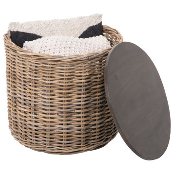 Round Rattan Storage Basket WithLid, Side Table