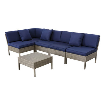 6 Pieces Patio Set, Sectional Sofa With 3 Pillows and Coffee Table, Blue