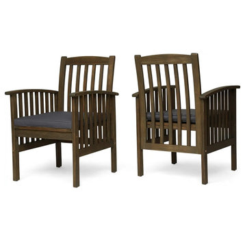 2 Pack Patio Lounge Chair, Slatted Acacia Wood Frame & Dark Gray Cushioned Seat