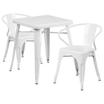 23.75" Square White Metal Indoor-Outdoor Table Set With 2-Arm Chairs