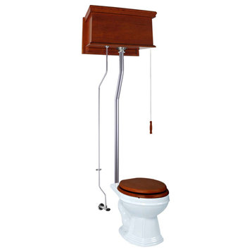 Mahogany Flat High Tank Pull Chain Toilet with White Round Bowl and Satin L-Pipe