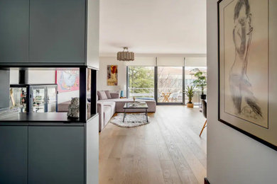 This is an example of a medium sized modern open plan living room in London with white walls and light hardwood flooring.