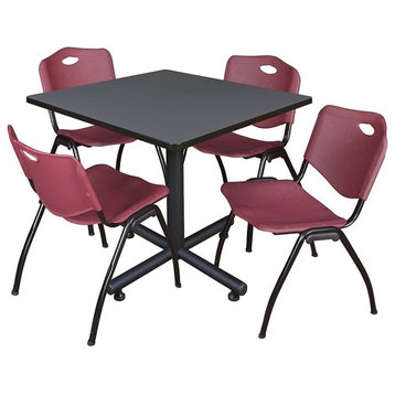 Kobe 42" Square Breakroom Table, Gray and 4 'M' Stack Chairs, Burgundy
