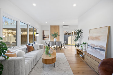 This is an example of a contemporary open concept living room in Melbourne with white walls, medium hardwood floors and brown floor.