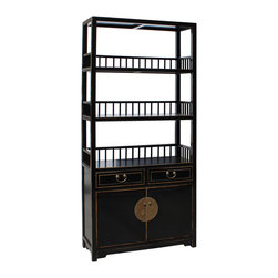 Chinese Distressed Gloss Black 3 Shelves bookcase Display Cabinet - Bookcases