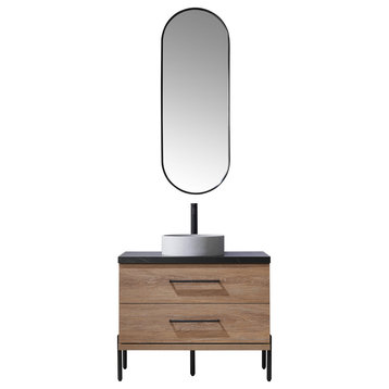 Trento Bath Vanity, Stone Top & Concrete Sink, North American Oak, 36", Sink C, With Mirror