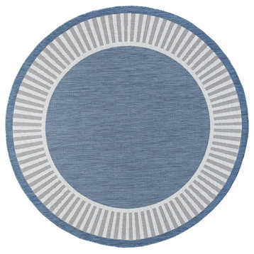 Elgin Transitional Striped Border Blue/Cream Round Indoor/Outdoor Area Rug, 5'