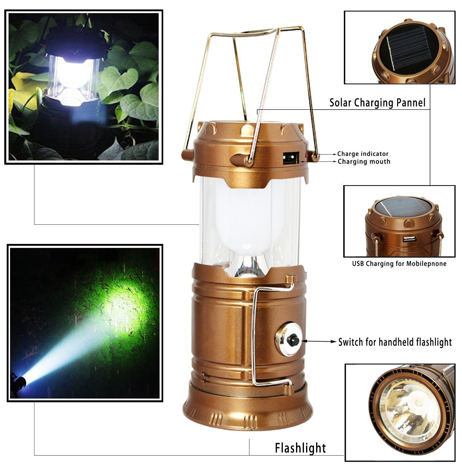 Solar Powered Camping Lantern, Solar LED Camp Light & Handheld Flashlight, Gold