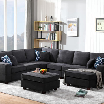 Jocelyn 124" Dark Gray Woven 7Pc Modular L-Shape Sectional Sofa Chaise and Ottom