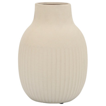 Ceramic 9"H Ridged Bulbous Vase, Ivory