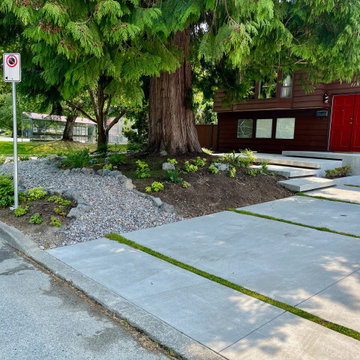 Large slab driveway, steps, dry riverbed and Cedar tree