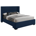 Meridian Furniture - Oxford Linen Textured Fabric Upholstered Bed, Navy, Full - Treat yourself to a fresh new look in your bedroom sanctuary with this full-size Oxford linen textured bed. This bed features an oversized wing-back headboard for a majestic appearance and is upholstered in rich navy linen textured fabric all over, adding an element of elegance to your room. The espresso legs contrast nicely with the fabric, bringing this midcentury modern design to life. As a bonus, this bed requires no box spring.