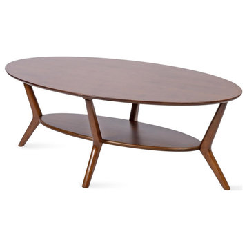 Retro Coffee Table, Sculptured Legs With Oval Top & Open Shelf, Walnut Brown