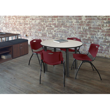 Kee 36" Round Breakroom Table- Maple/ Black & 4 'M' Stack Chairs- Burgundy