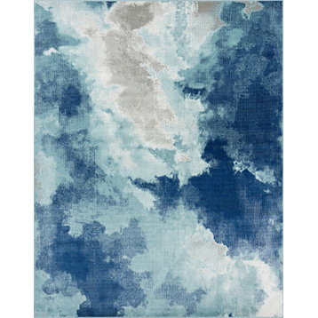 Murrow Contemporary Abstract Blue/Cream Rectangle Area Rug, 7'11''x10'3''