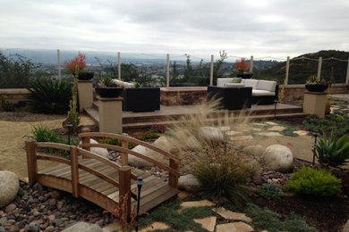 Example of a large transitional backyard patio design in San Diego with a fire pit and no cover