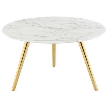 Lippa 28" Round Artificial Marble Coffee Table With Tripod Base, Gold White