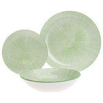 Godinger - Laura Porcelain 12 Piece Dinnerware Set, Green - Inspired by starlight this dinnerware features vibrant tones for a modern look. Versatile and casual, a perfect set for every meal. 10.00D x 0.50H Dinner Plate, 7.50D x 0.50H Salad Plate, 16 oz 7.50D x 2.00H Soup Bowl