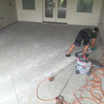 Diamond tile scored concrete patio / acid stained