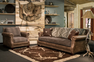 Example of a mid-sized mountain style formal and open concept carpeted and brown floor living room design in Other with green walls, no fireplace and no tv