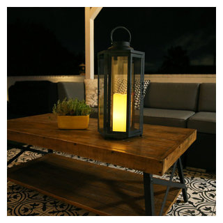 Alpine Corporation Hexagonal Outdoor Candlelit Lantern with Warm White LEDs - Black