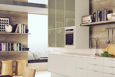 Eat-in kitchen - large modern l-shaped medium tone wood floor and brown floor eat-in kitchen idea in Miami with an undermount sink, flat-panel cabinets, white cabinets, quartz countertops, stainless steel appliances and white countertops