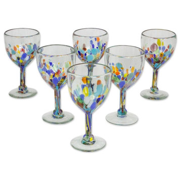 Confetti Festival, Set of 6 Blown Glass Wine Glasses, Mexico