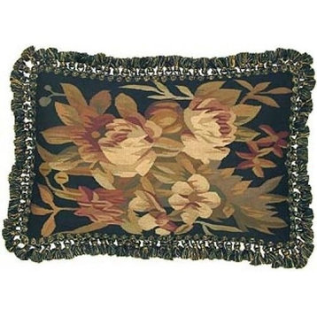 Aubusson Throw Pillow Handwoven 16"x24" Floral Design  Black/Gold