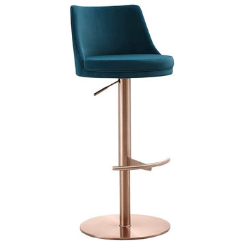 Modern Bar Stool, Elegant Design With Padded Seat & Curved Back, Blue Velvet