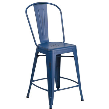 24'' High Distressed Antique Blue Metal Indoor-Outdoor Counter Stool With Back