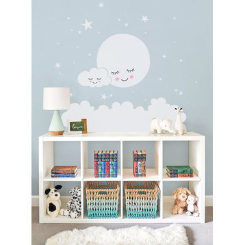 Moon, Clouds, and Stars Wall Decal, White