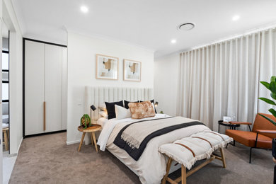 ブリスベンにある中くらいなコンテンポラリースタイルのおしゃれな主寝室 (白い壁、カーペット敷き、グレーの床)