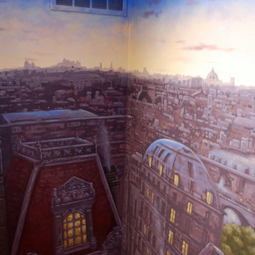 Paris Panorama 360 degree Mural hand painted throughout a 17 foot stairway