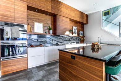 Trendy ceramic tile and gray floor kitchen photo in Other with an undermount sink, flat-panel cabinets, medium tone wood cabinets, quartz countertops, black backsplash, quartz backsplash, stainless steel appliances, an island and black countertops