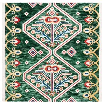 Contemporary Area Rug, Wool & Tribal Geometric Pattern, Green/Ivory, 7' Square