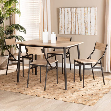 5 Pieces Dining Set, Rectangular Table & 4 Chairs With Sloped Back, Oak Brown
