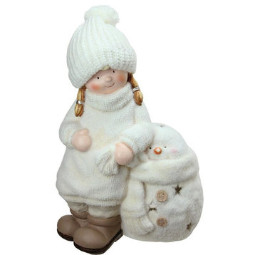 17.25 White Tealight Snowman with Standing Girl Christmas Candle Holder