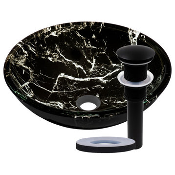 Pallina Black and White Faux Marble Glass Vessel Bathroom Sink and Drain, Matte Black