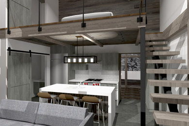 Inspiration for a small modern u-shaped concrete floor, gray floor and exposed beam open concept kitchen remodel in Other with an integrated sink, flat-panel cabinets, medium tone wood cabinets, quartz countertops, white backsplash, subway tile backsplash, stainless steel appliances, an island and white countertops