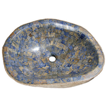 Natural Boulder Granite Vessel Sink With Blue Sodalite Inlay, Design 18