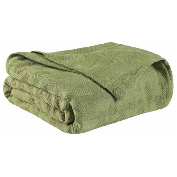 100% Cotton Basketweave Thermal Woven Blanket, Sage, Full/Queen