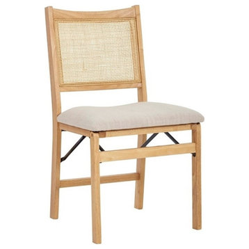 Linon Lorna Wood Folding Side Chair Woven Cane Back Beige Padded Seat in Natural