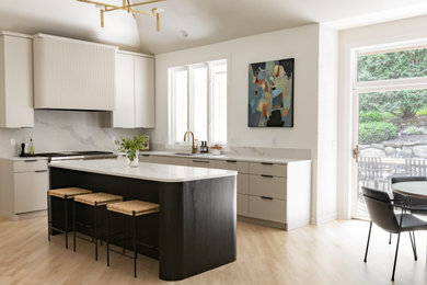 Example of a mid-sized danish l-shaped vinyl floor and white floor kitchen design in Minneapolis with a single-bowl sink, marble countertops, an island and white countertops