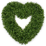Mills Floral Company - Faux Boxwood Heart ,17" - Classic Boxwood wreath in a lovely heart shape. Our Boxwood Heart Wreath is designed using the finest artificial materials. Each wreath is constructed on a metal heart wreath base and covered with lifelike boxwood leaves to create a lush green appearance. The back of the wreath includes a metal hook for hanging.