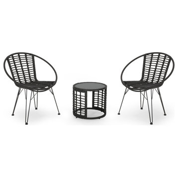 Carrie Outdoor Boho 2 Seater Wicker Chat Set With Side Table, Gray