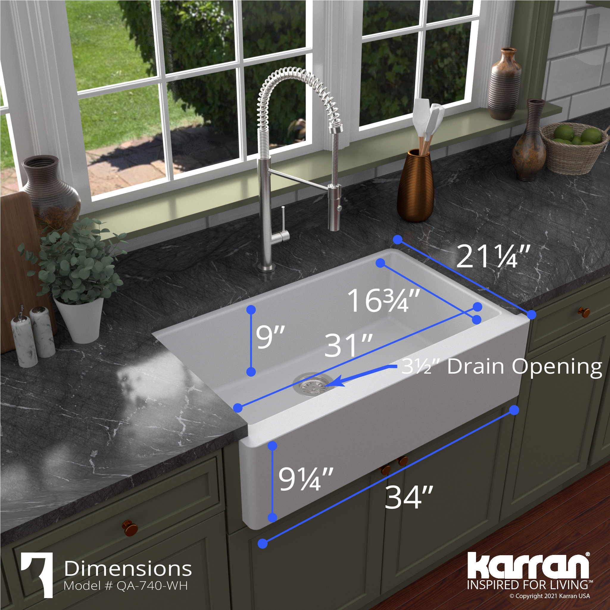 Karran Farmhouse/Apron-Front Quartz 34" Single Bowl Kitchen Sink, White